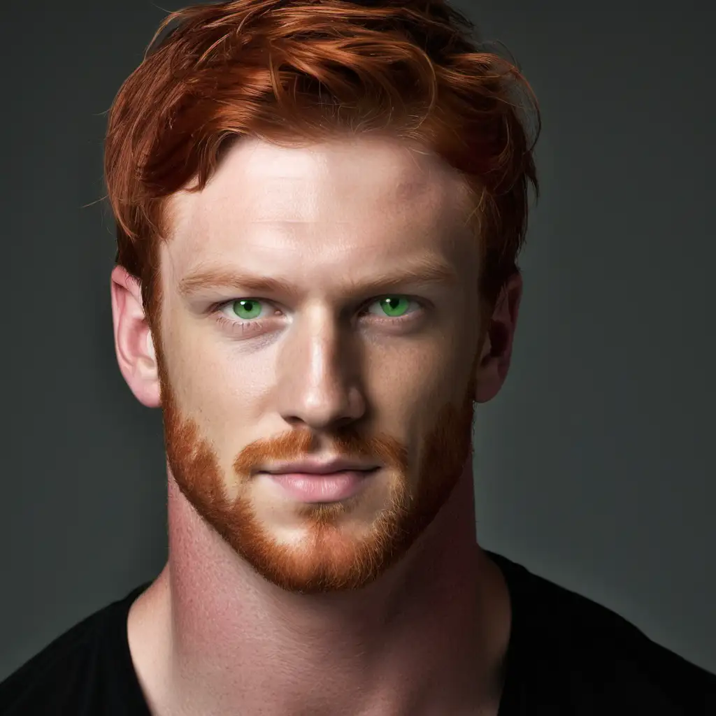 Handsome RedHaired Man in his Late 20s with Muscular Build and Green Eyes