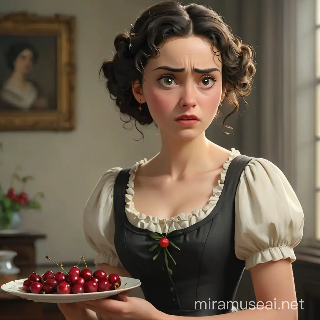 woman is dressed in simple dress in the style of the late 19th century, with black curly hair pulled back, slightly elongated face and thin eyebrows, standing sad and crying. Holding a plate of cherries.Image in the style of realism 3d animation, expressive features.