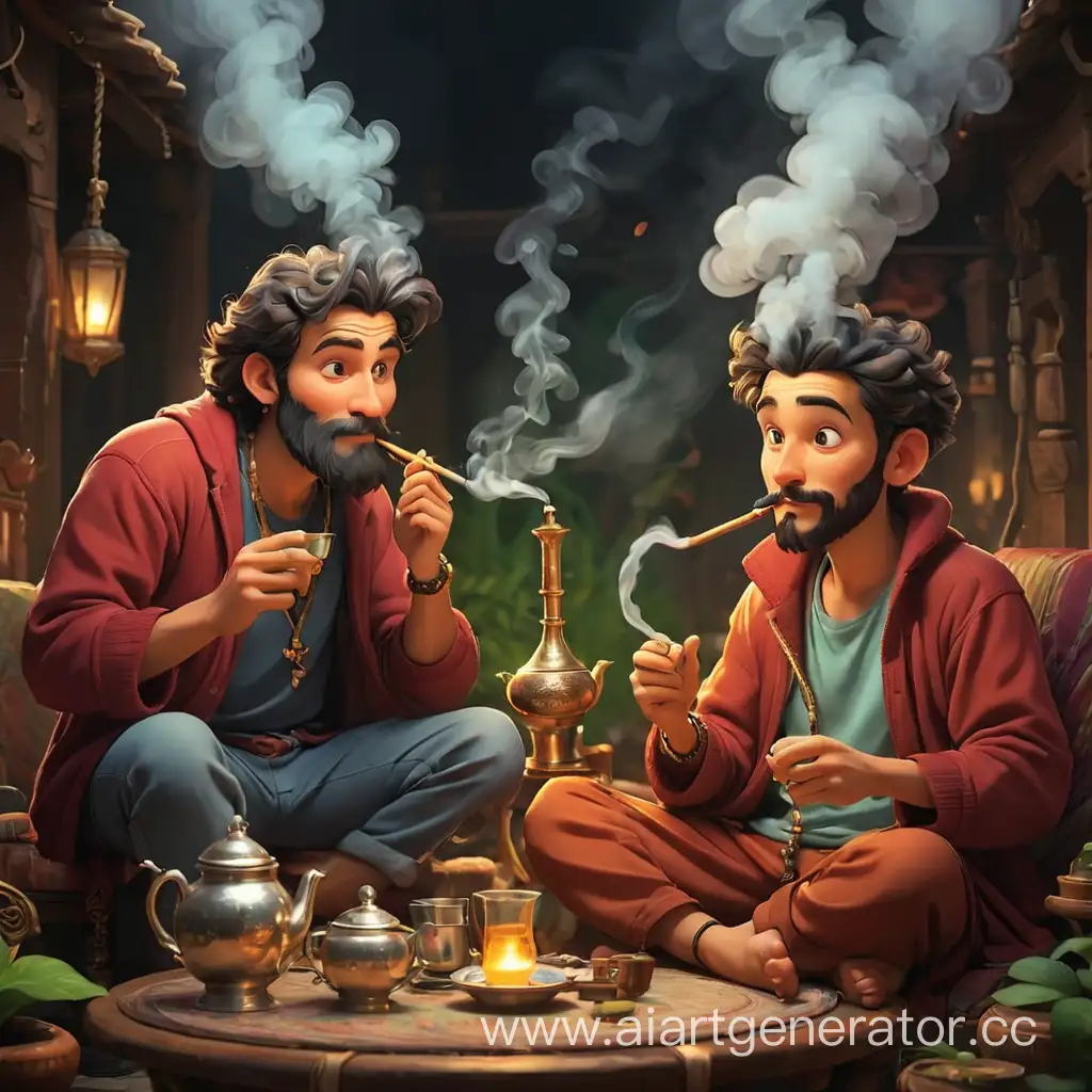 Cartoon-Characters-Enjoying-Hookah-and-Tea-Party