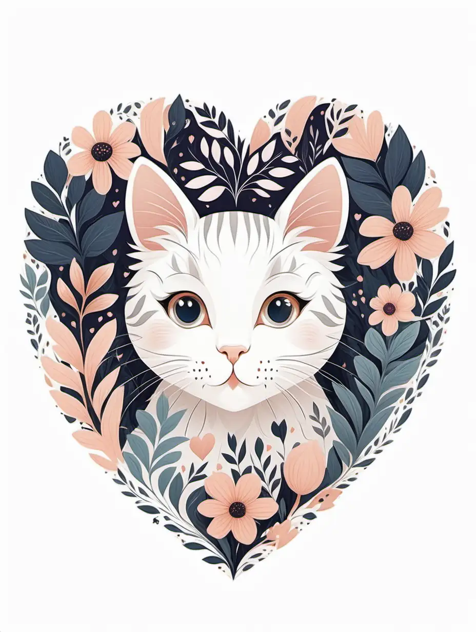 Adorable cat, face portrait in a dense floral heart shape , white background,nursery art style