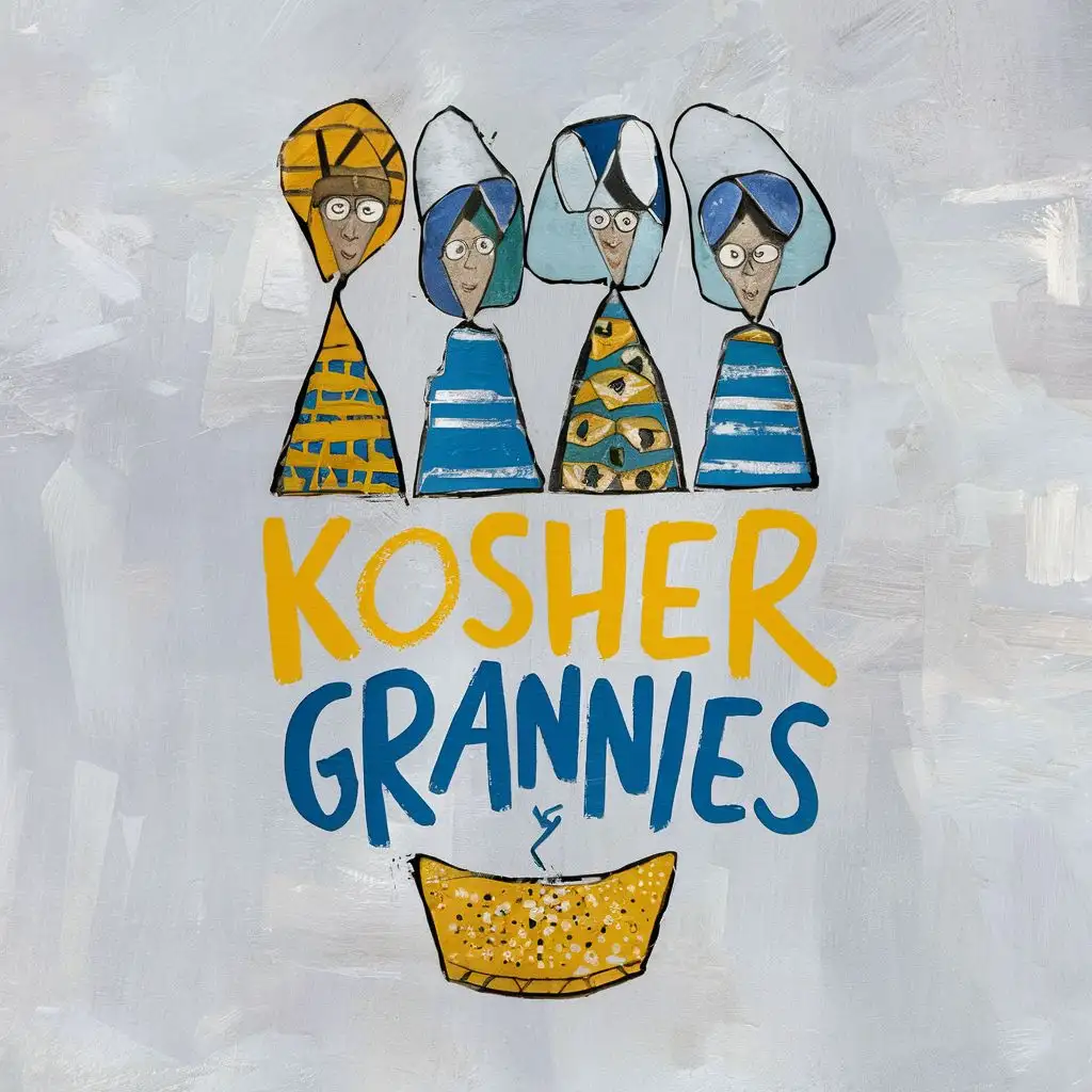 logo Yellow, Blue, White, Jewish grannies with Jewish headcovers, Joan Miró, with the text "Kosher Grannies", on white clean background, typography
