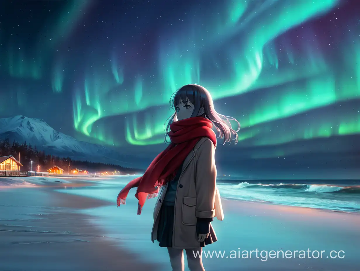 Пляж, зима северное сияние, ночь, девушка с красным шарфом, аниме