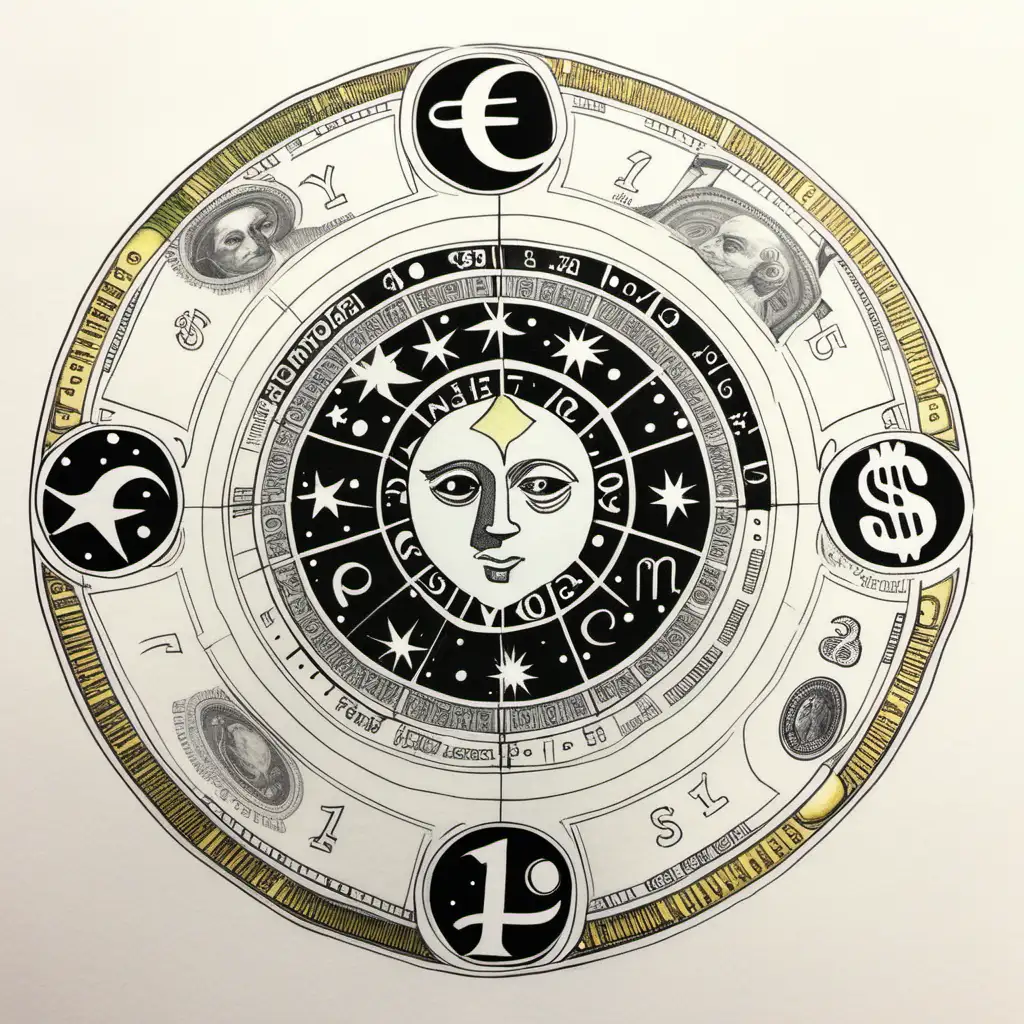 money astrology drawing with little color on white paper