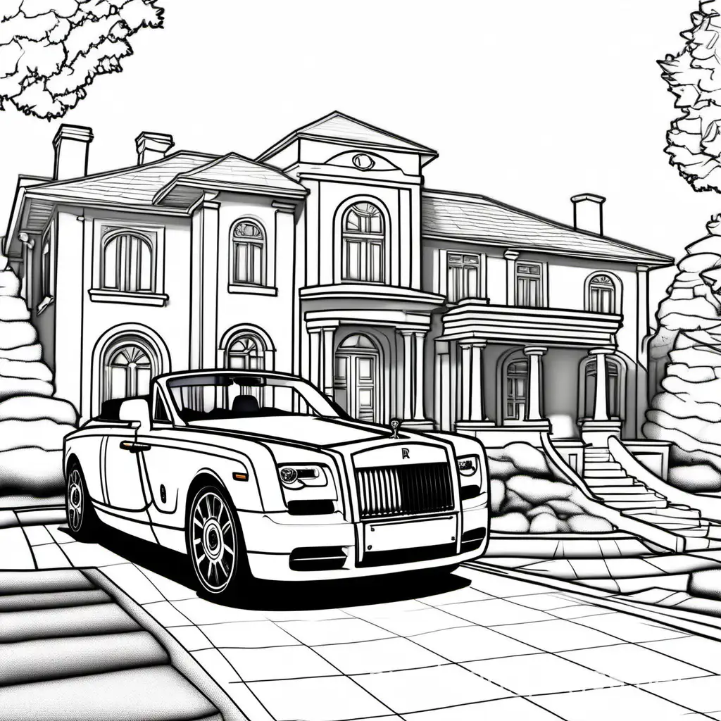 mansion, rolls-royce, road, car-garage, Coloring Page, black and white, line art, white background, Simplicity, Ample White Space. The background of the coloring page is plain white to make it easy for young children to color within the lines. The outlines of all the subjects are easy to distinguish, making it simple for kids to color without too much difficulty