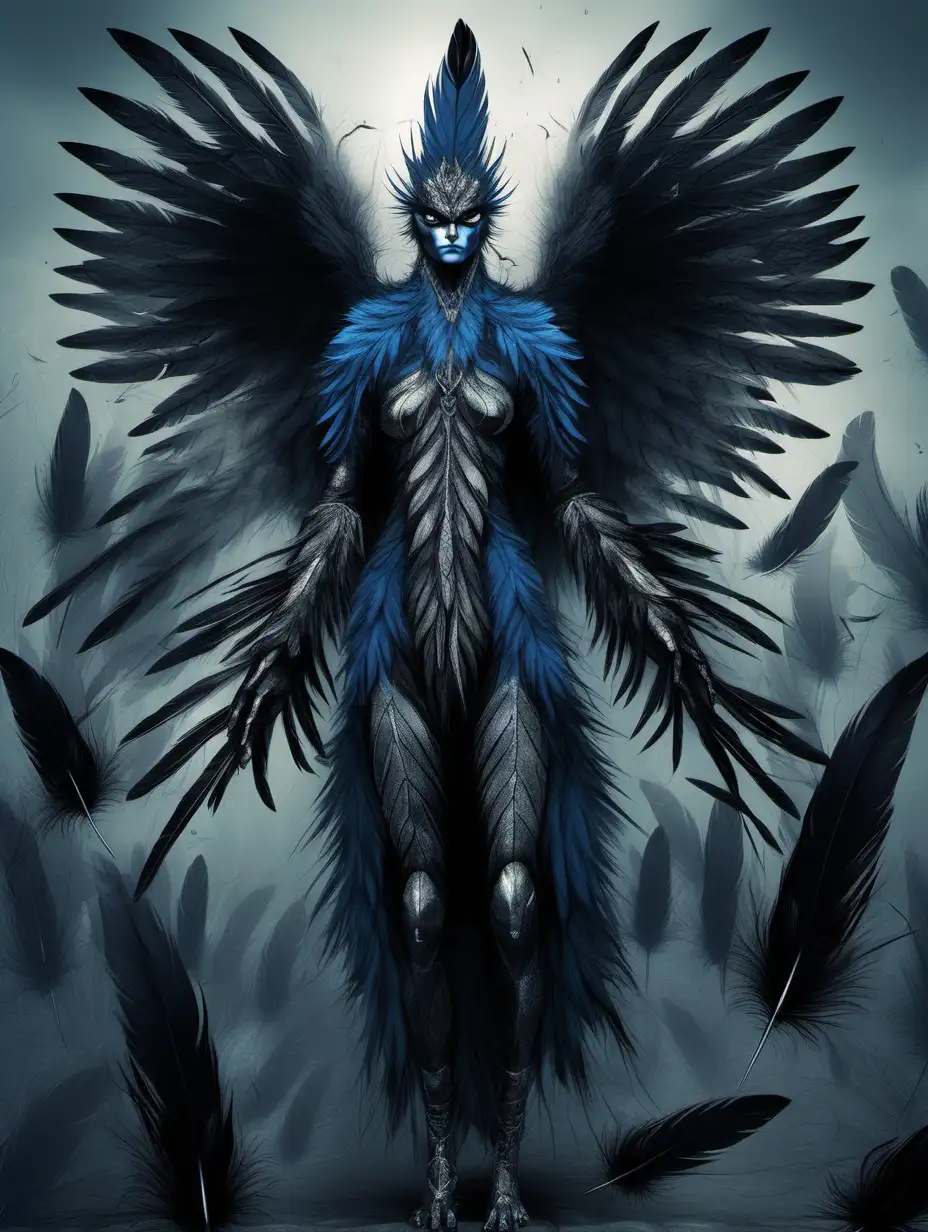 Face and bodies look like humans decorated with feathers but their feet are clawed talons like that of a bird, grey black and blue feathers, dark fantasy, evil