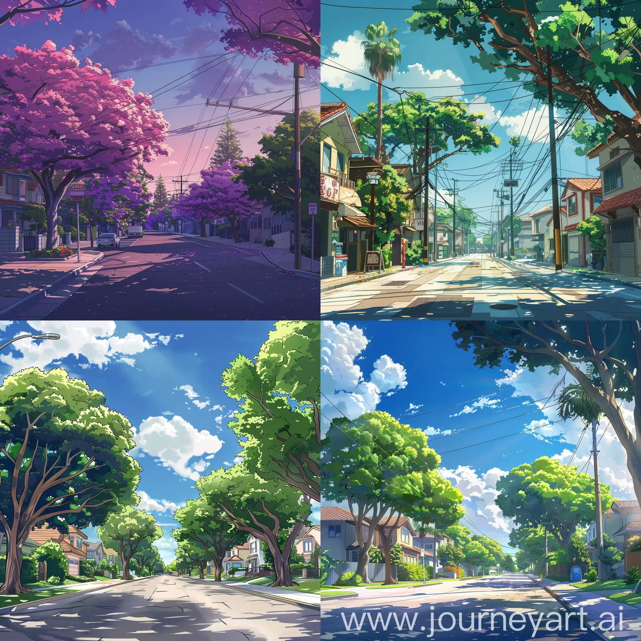 california street, paml trees, anime style