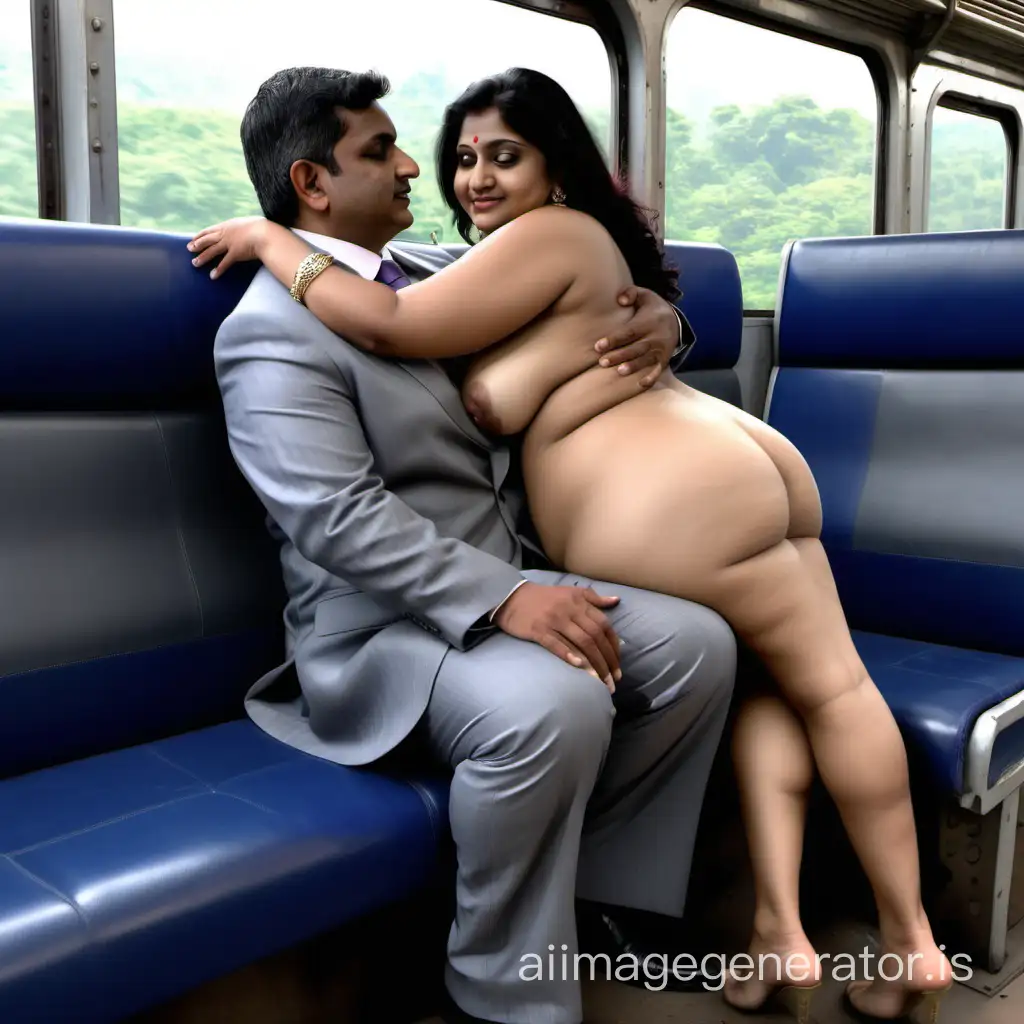 Generate full body back view image of a 45 year old very busty and curvy completely nude Indian woman  seating on the lap of  her boyfriend who is in a formal grey suit in the same chair inside a railway tourist suit and hugging her from behind