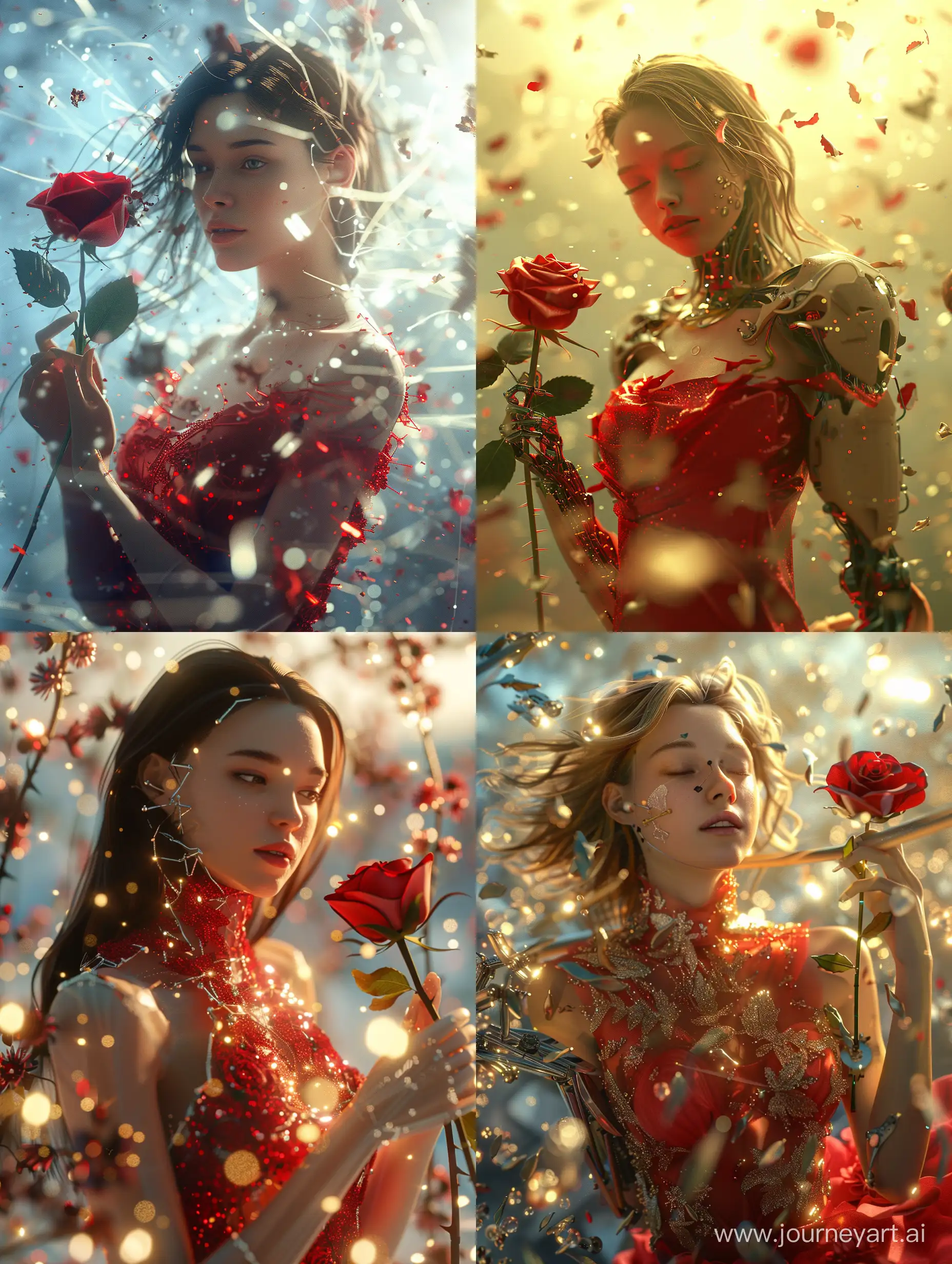 A beautiful humanoid with a rose in her hand, red dress, surrounded by beautiful particles, cinematic, 3d, morning lighting, beautiful, humanoid, cyborg, android