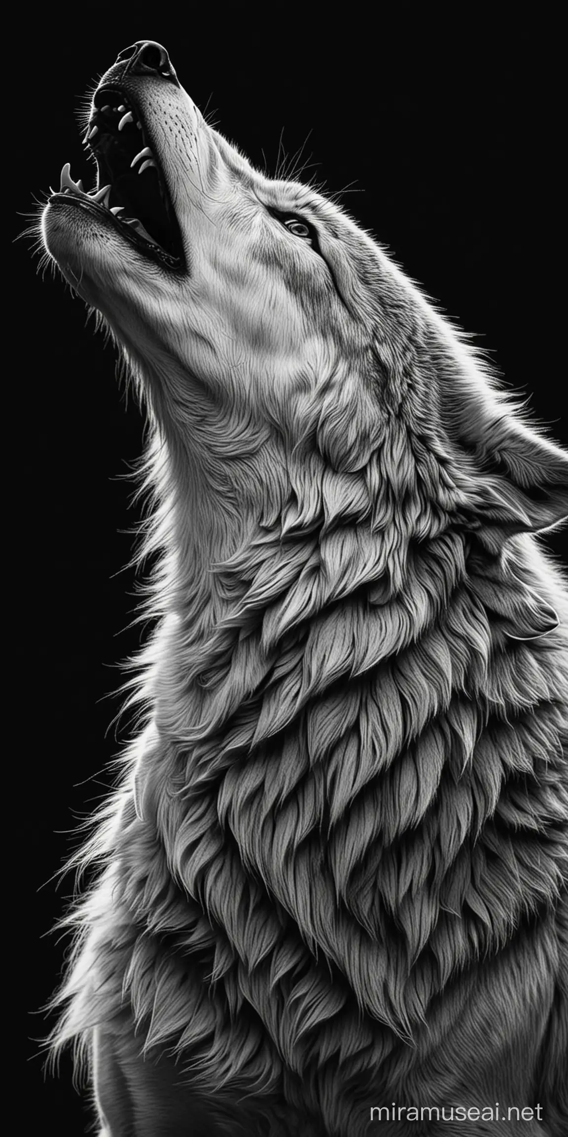 generate a coloring page wolf howling on 
black background
