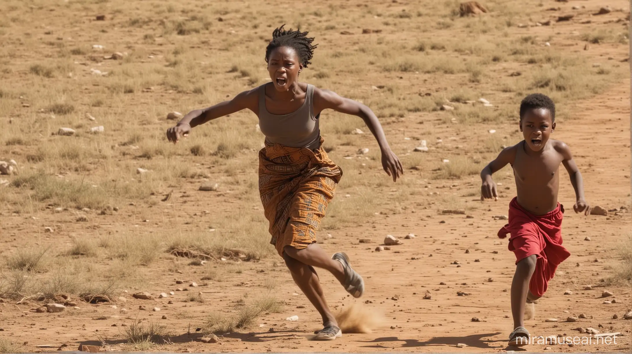 an african mother is seen chasing to beat her son who is running away to escape
