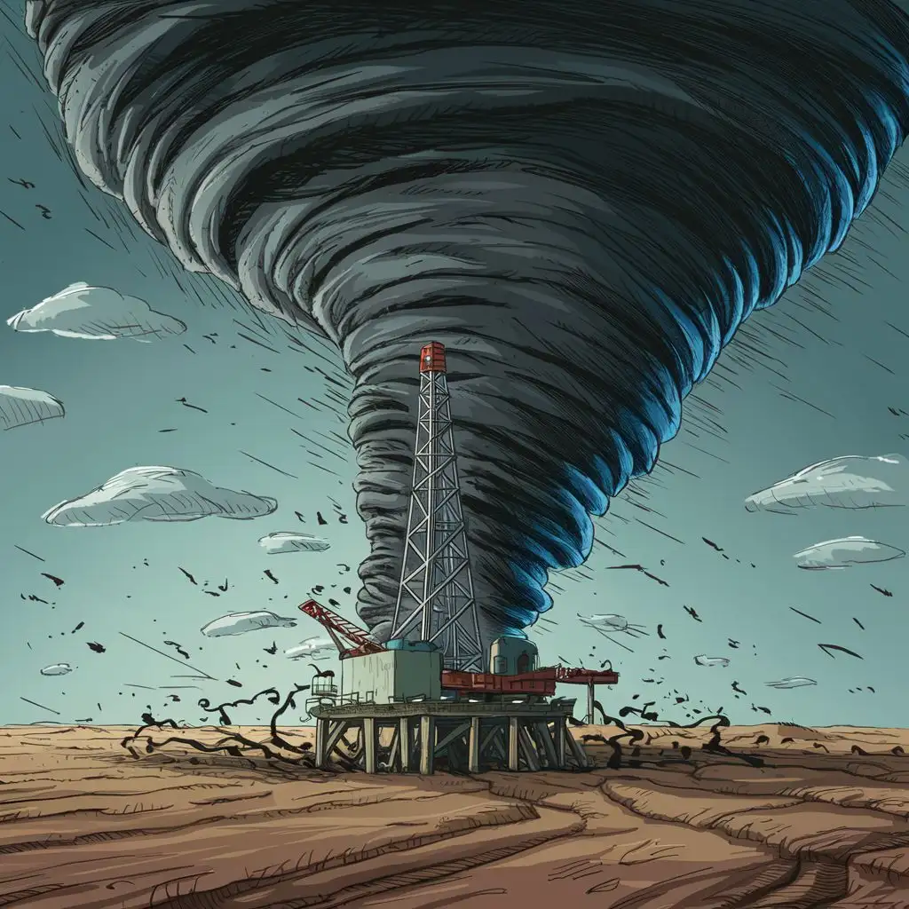 a cartoon scene of a Tornado about to strike a single inland  oil drilling rig