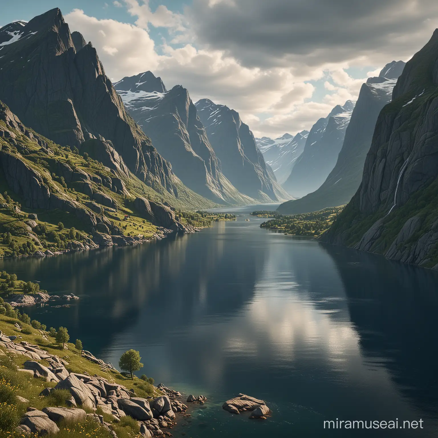 A very Norwegian landscape 4k, fjords mountains ,summer, epic, photorealistic
