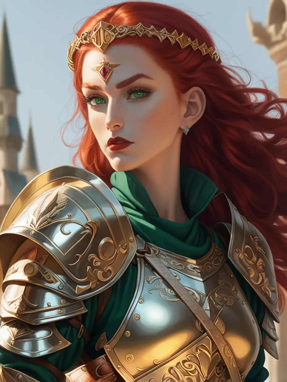 A red haired woman, strong eyebrows, red lips. Green eyes. Wearing feminine armor. Has a sword strapped to her back. Gold jewelry with rubies.