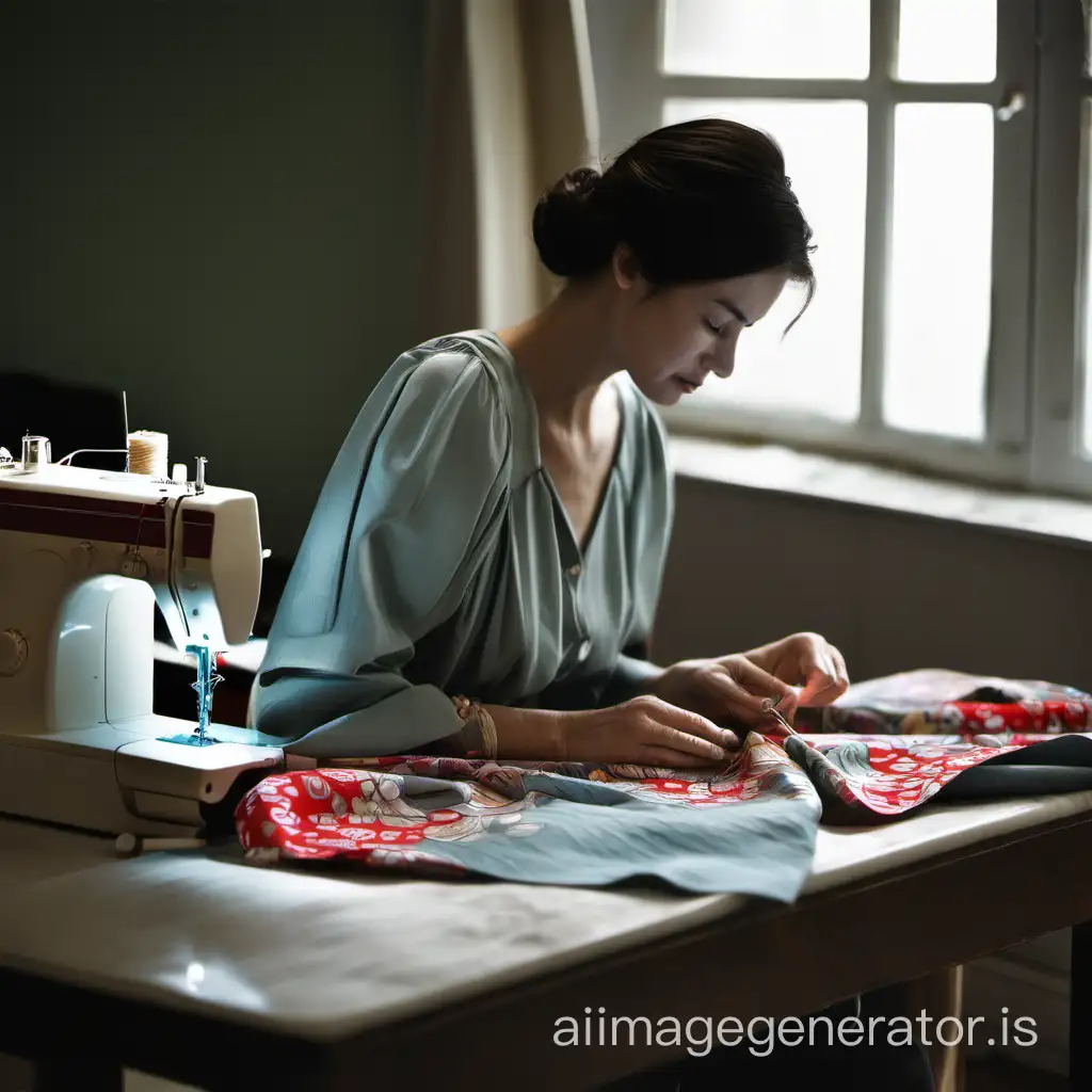 The woman is sewing