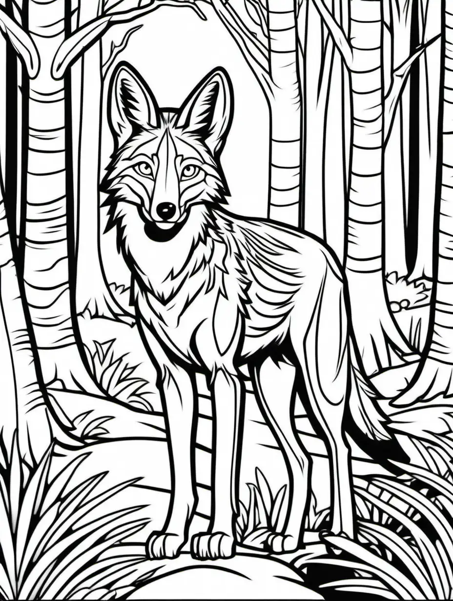 coloring pages for kids, coyote
 in the forest, low detail, thick lines, cartoon style, no shading, aspect ratio 9:11