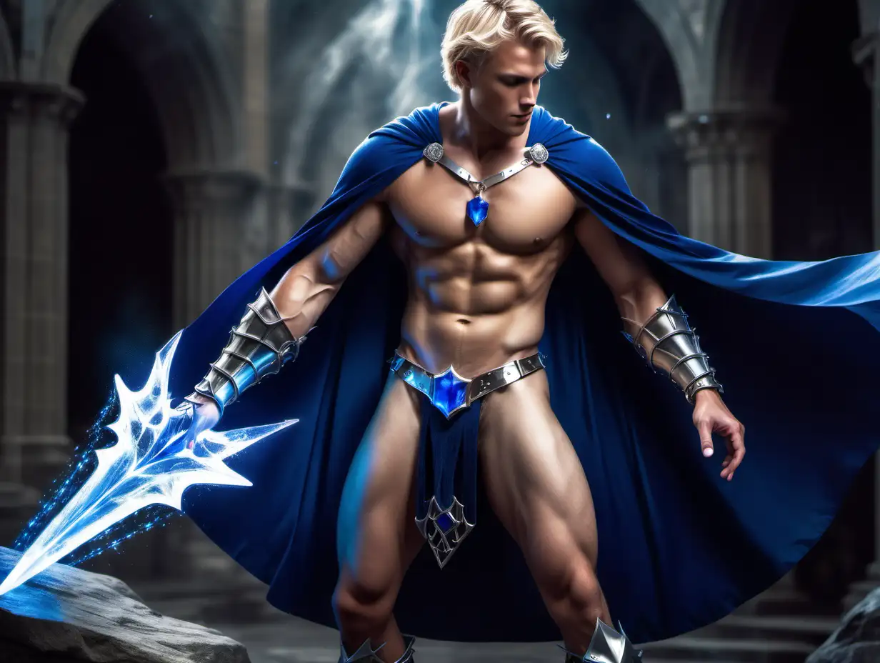 Shirtless handsome knight casting spells, short blonde hair, 5 o'clock shadow hairy chest, abs, bracelets leg armor, blue cape connected with a piece of sapphire, icicles 