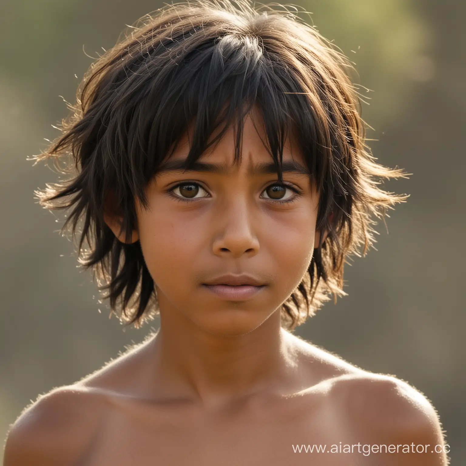 Маугли — десятилетний мальчик,обладающий невысоким ростом и худощавым телосложением. У него смуглая кожа, дикие неопрятные черные волосы, которые покрывают его лоб, уши и достигают его шеи, у нее глаза - карие и большой нос.