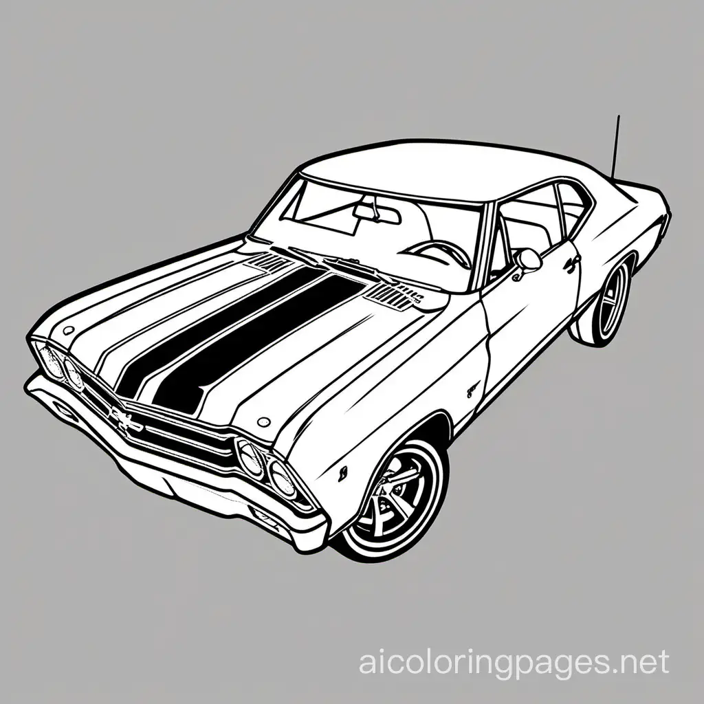 Chevrolet Chevelle SS (1966):, Coloring Page, black and white, line art, white background, Simplicity, Ample White Space. The background of the coloring page is plain white to make it easy for young children to color within the lines. The outlines of all the subjects are easy to distinguish, making it simple for kids to color without too much difficulty