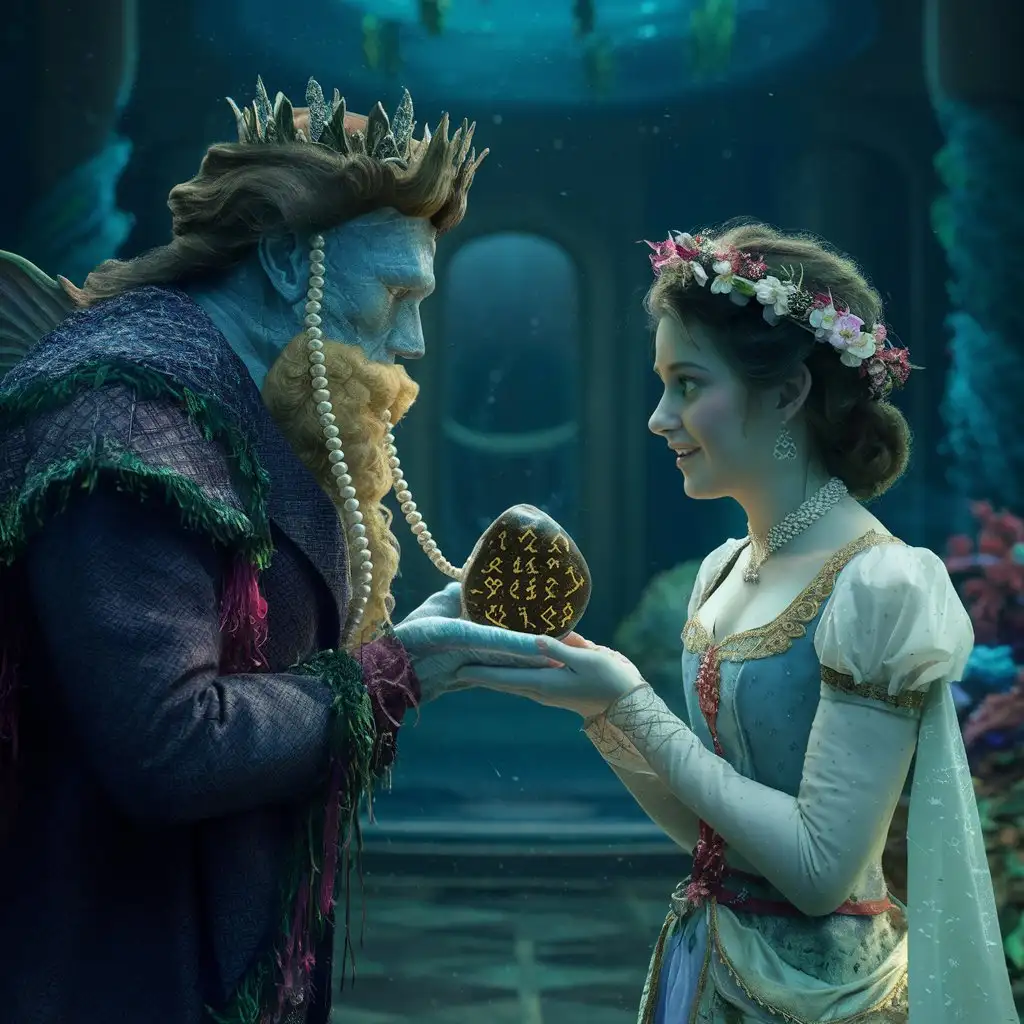 The scene takes place in the underwater majestic palace of the fish king, where there is a mysterious aura.  The interior of the palace is richly decorated, creating a natural underwater landscape.  The fish king, a figure with a seaweed beard and a beautiful ornate crown of pearls, sits on a throne made of sea treasures.  Next to him stands the princess dressed in a delicate, ancient, beautiful Prussian costume. She has a beautiful flower wreath on her head. At this crucial moment, the king of fish hands the princess a small magic stone, decorated with ancient runes.  The entire scene is filled with magic and mystery, capturing the spirit of ancient stories.