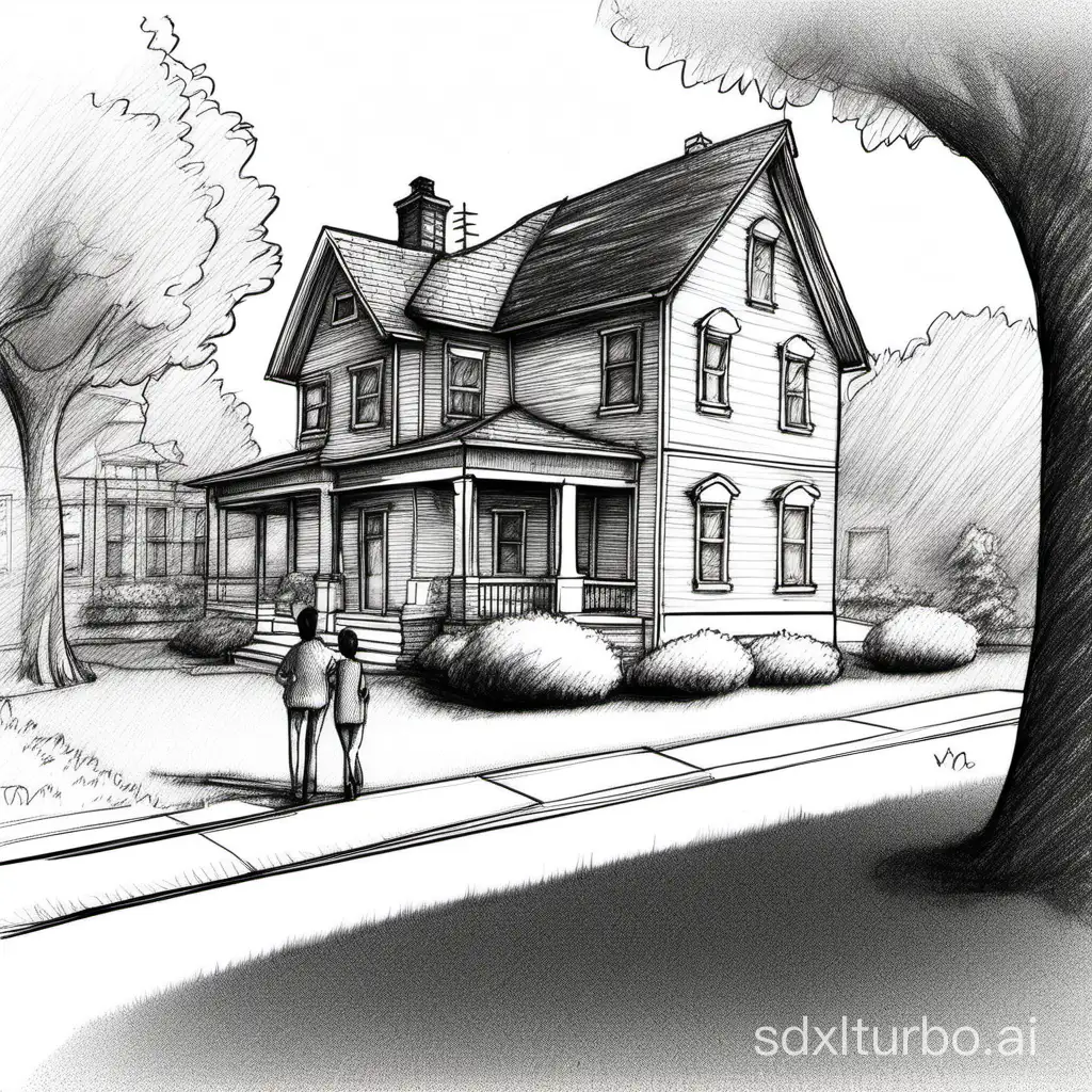 There is a house, trees, and people on a lawn, drawn in a sketch.