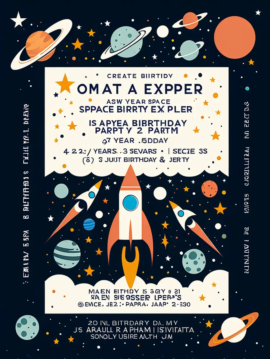 Create a minimalist space explorer birthday party invitation for a 7 year old girl's birthday party
