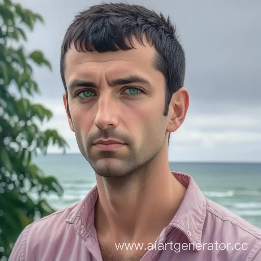 Молодой темноволосый мужчина около 35 лет, зелёные глаза, очень короткая стрижка, без бороды, без щетины, бледная грязно-розовая футболка, на фоне море и деревья, пасмурная погода