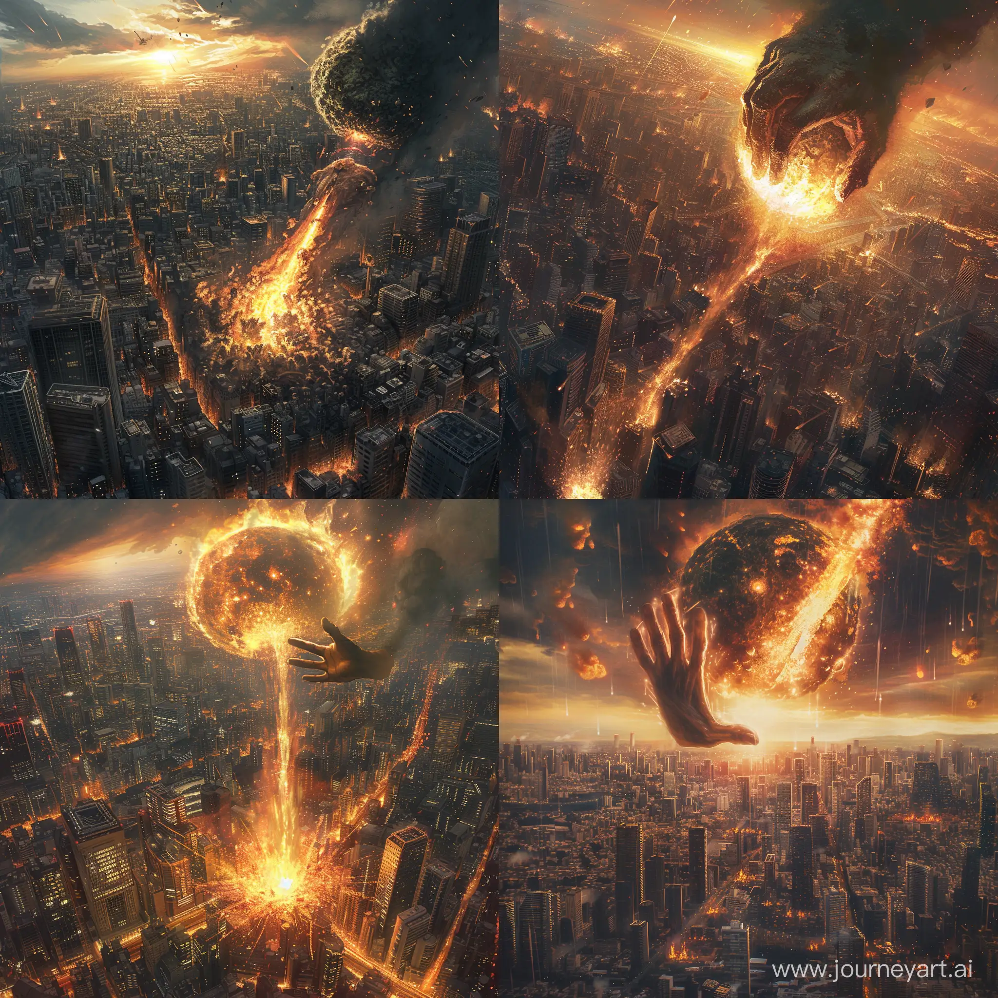 The image of the meteor coming in Tokyo, Japan, the one-fisted man, Saitama En, cut the meteor in half with his hand, the whole city is on fire, the style of the image is digital painting.