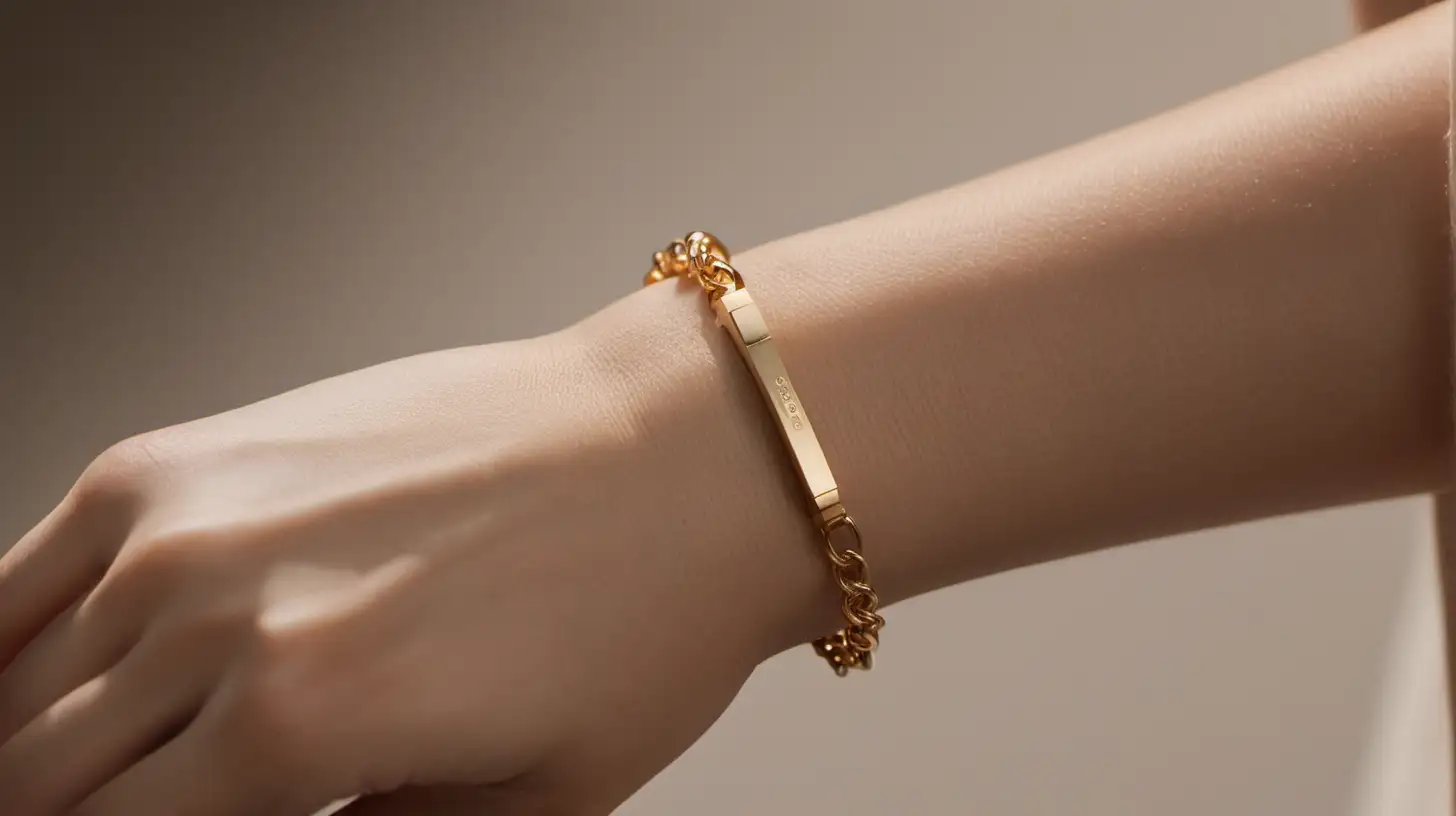 closeup of a minimalist gold bracelet confident beautyfol model, shot with sony a7 III