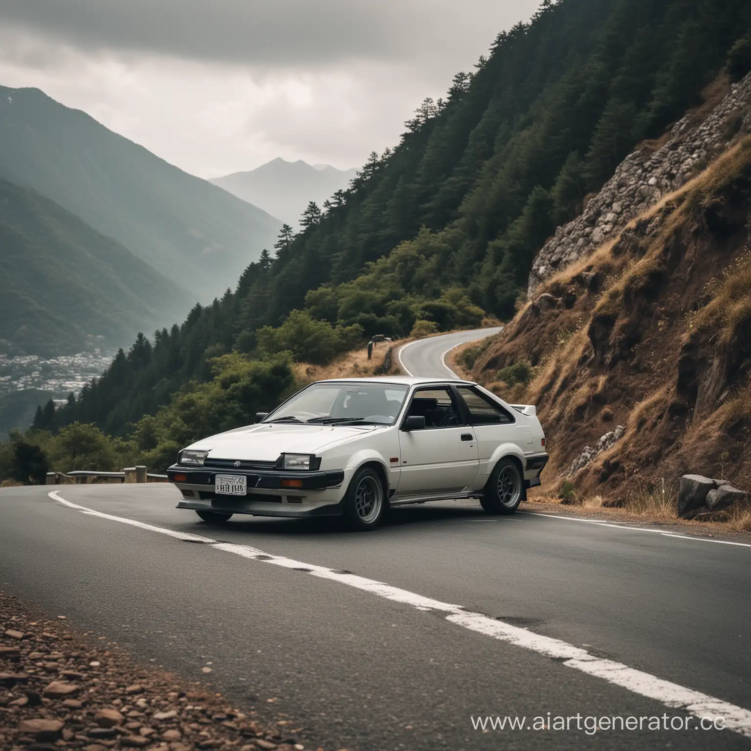 Toyota AE86 Encountering Samurai Spirit on Mountain Road | AI Art Generator