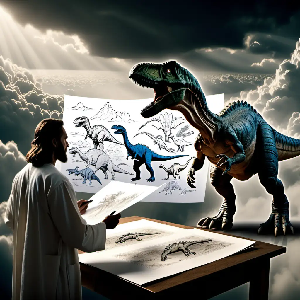 Divine Collaboration Jesus and God Crafting Detailed Dinosaur Blueprints in the Clouds