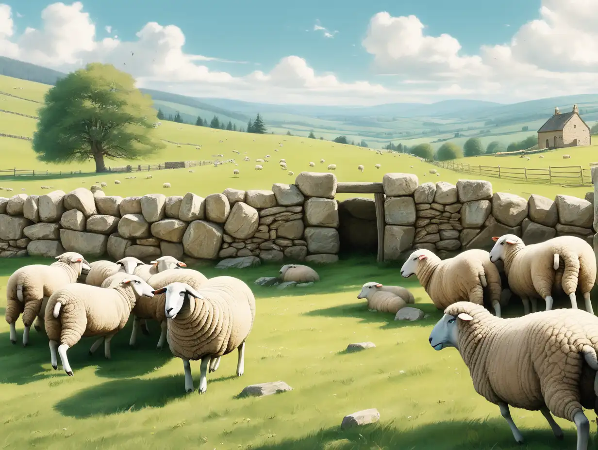 Sheep Running Free from Stone Sheepfold under Watchful Shepherd