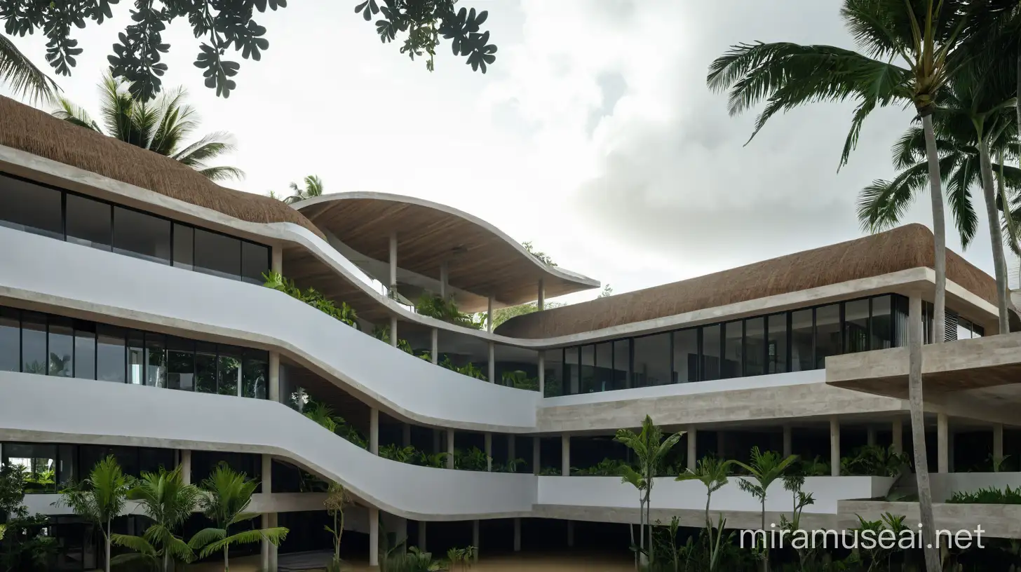 Make the building have more trees and a natural architectural style. Very realistic. Photography. tropical. Uhd