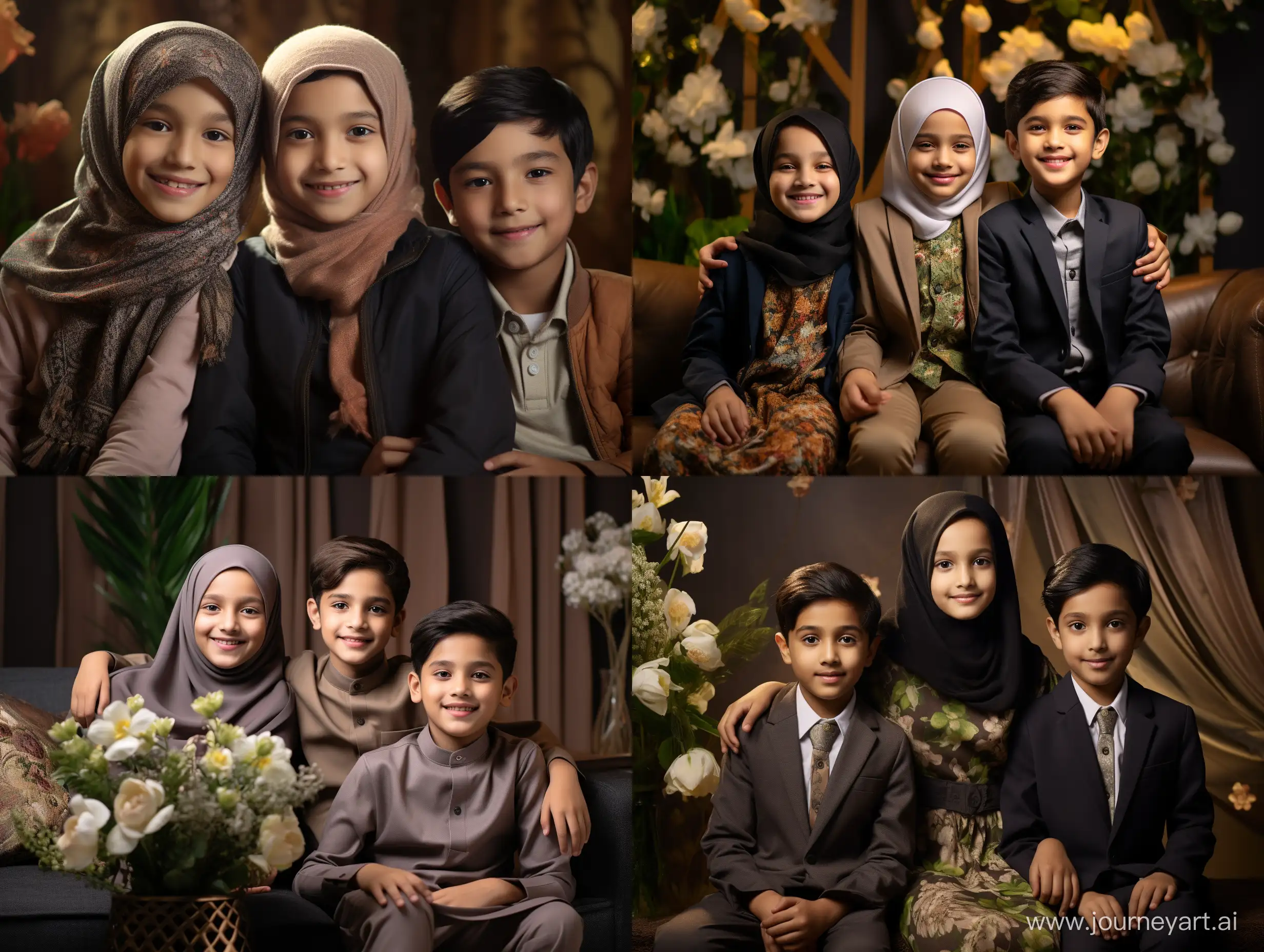 A three girl 7-years old wearing hijab and two boys 10-years old, from indonesia, cheek smile, wearing muslim style, realistic photography lighting, modern living room background