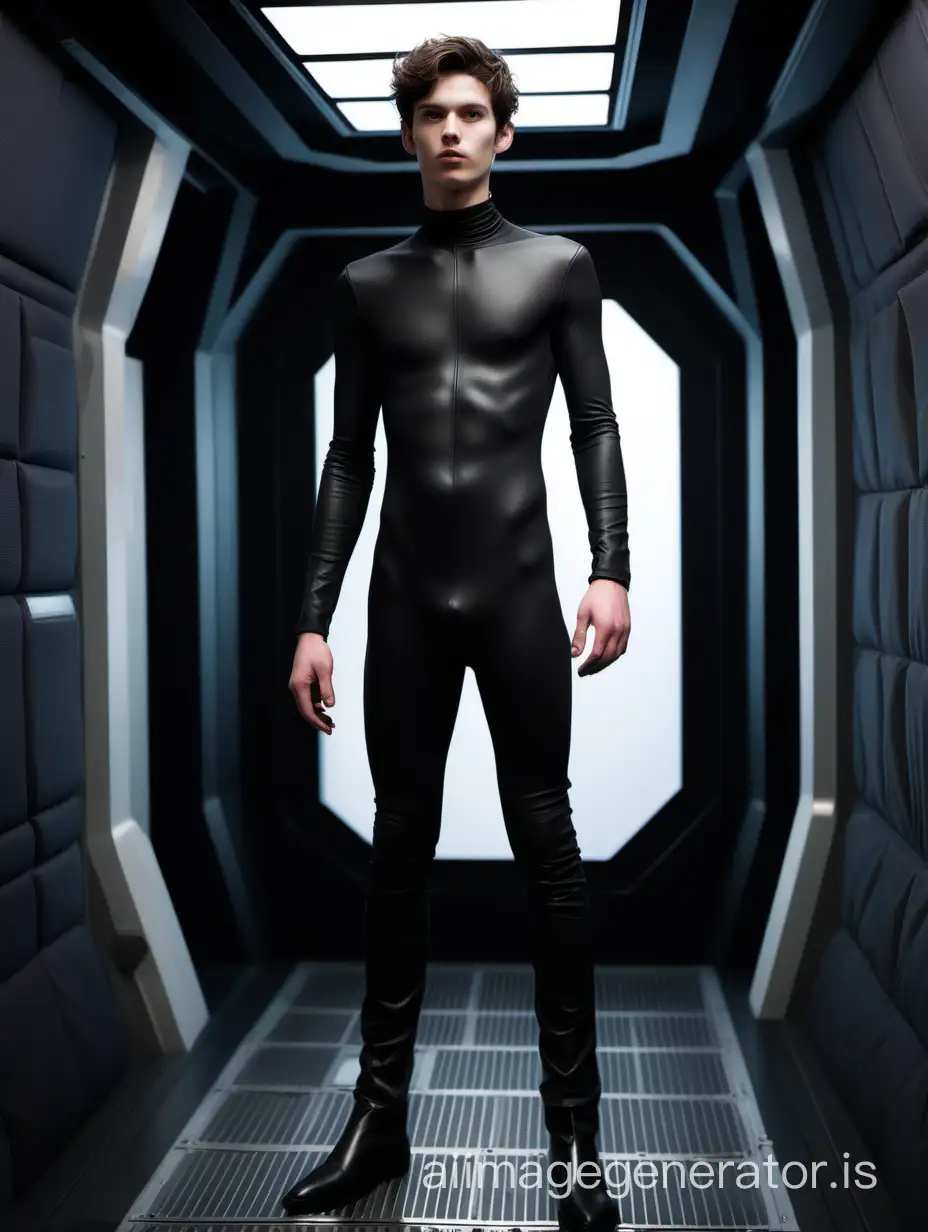 A 20 year old white male. He is skinny. He has dark hair and a delicate face. He wears a matte black, skin-tight jumpsuit without any closure. The surface of the matte black solid fabric is absolutely flat, making it appear as if it is naked. The fabric is absolutely skin-tight, you can also see the bulge of his private area under the material; because he has a very large package. The young male also wears ankle-high boots. He stands in a high and dark spaceship hallway.