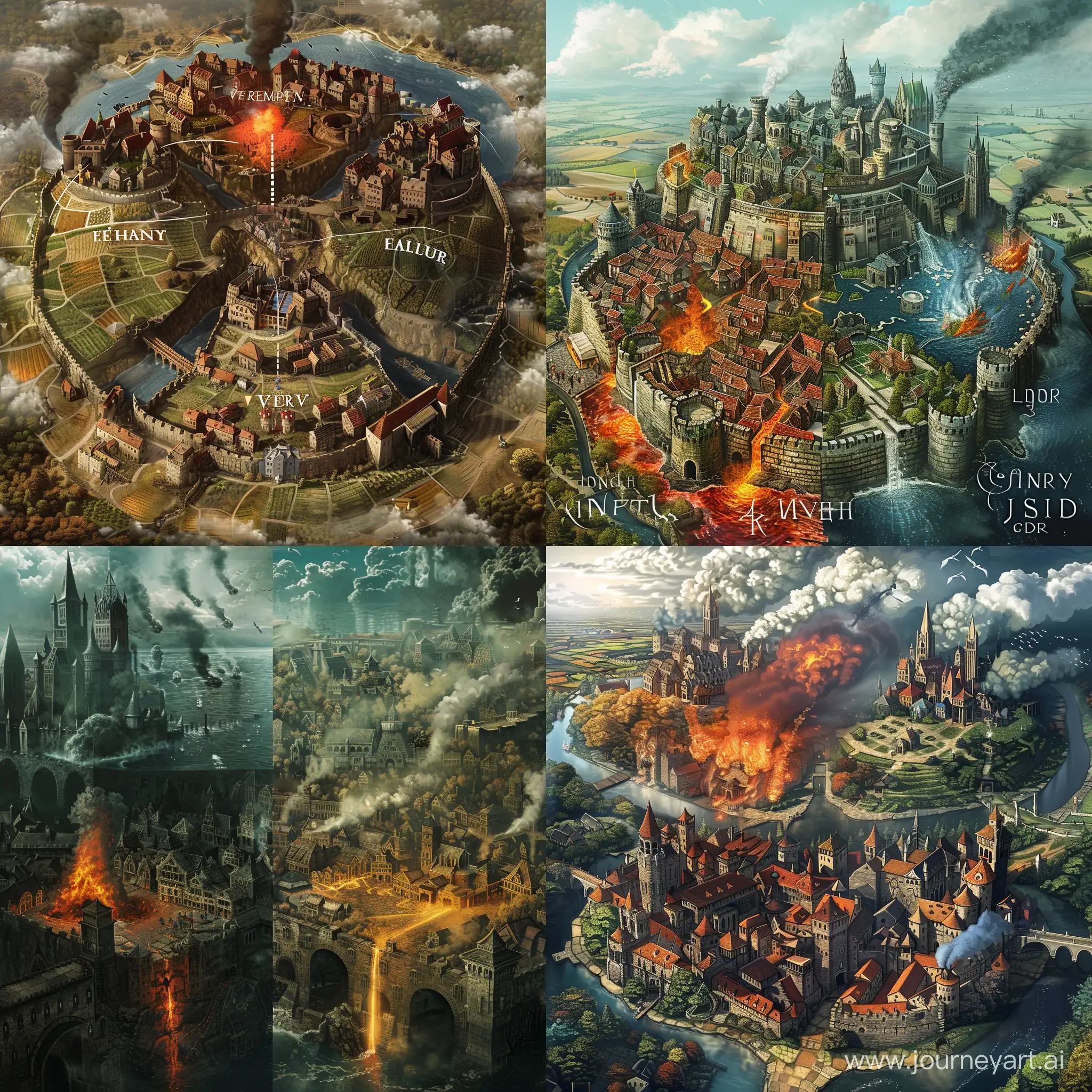 a medieval city divided into 4 zones: fire, water, earth, air