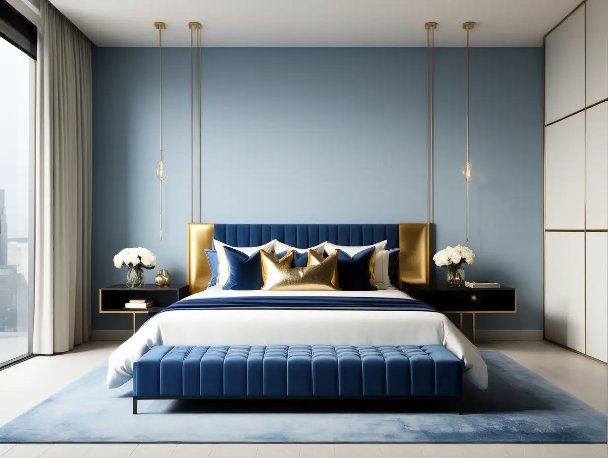 Commercial Photography, modern minimalist bedroom interior with blue and golden