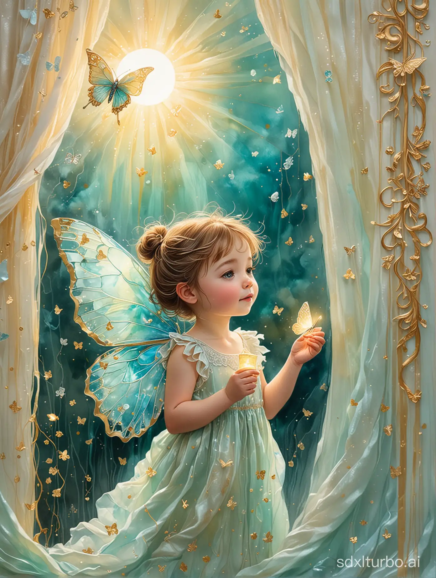 watercolour and alcohol ink artwork enriched with filigree and tactile effects, translucent silk paper painting with marbled technique, a cute little girl with delicate iridescent butterfly wings holding a tiny lantern, sunbeams are softly illuminating the iridescent and translucent wings through the curtain, accents of pale teal with bright gold edging, Disney Pixar style, 32k, delicate soft lightning