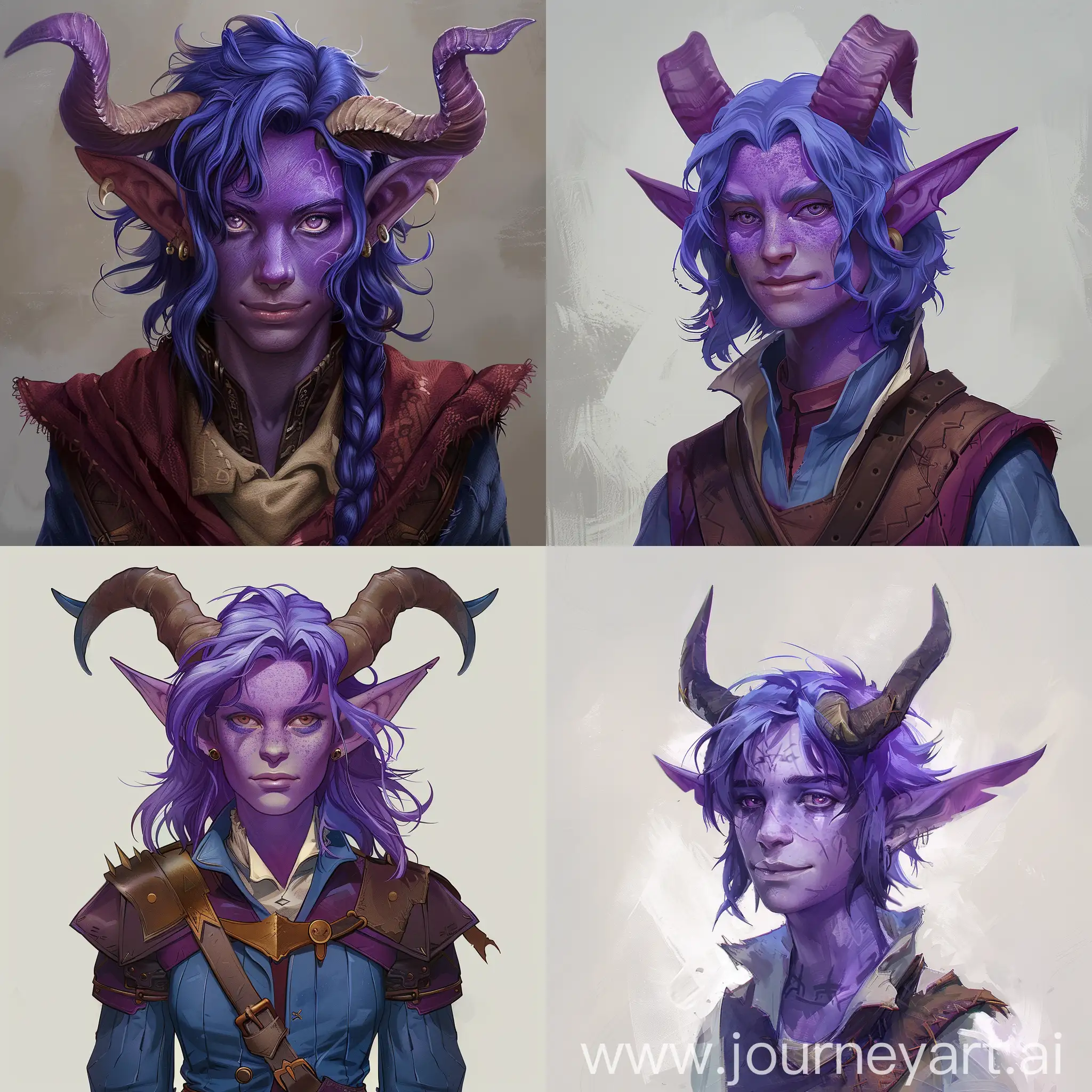 A halfing rouge, purple skin and purple horns, blue mid length hair. Androgynous. Thin. Short. And heroic.