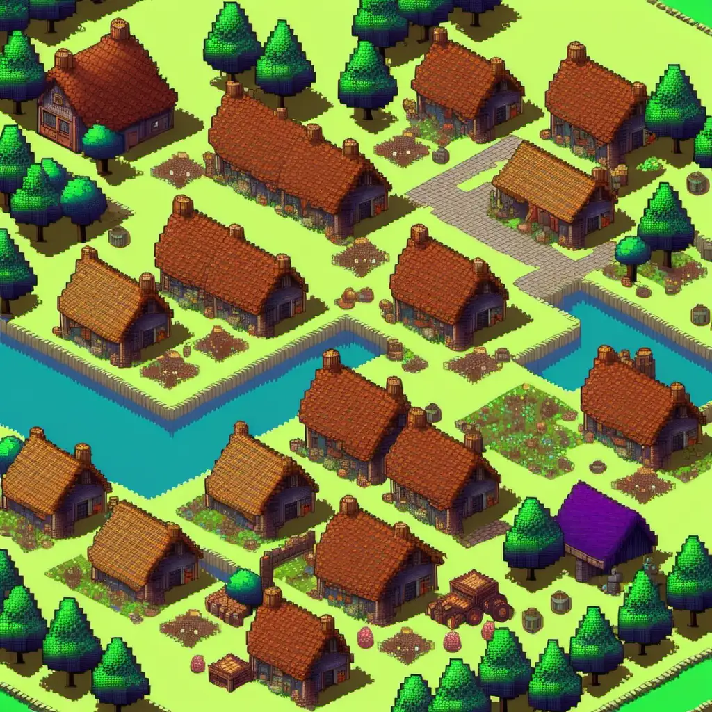 Charming Pixel Art Village Layout from Above