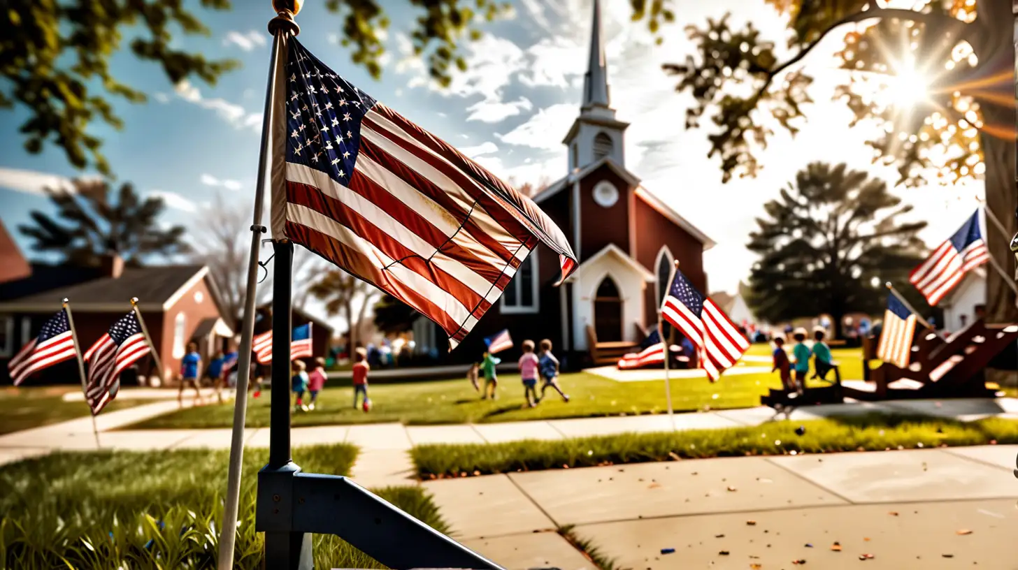 Realistic photo of American flag in a church yard with children in the background playing on the church playground

