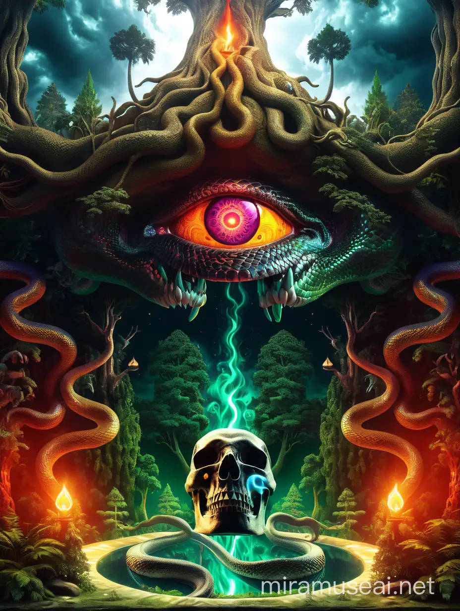 Psychedelic visionary world, 3d hyper detailed vivid,  clouds , third eye trishual, snake , forest tress, dead skulls third eye energy both side lamp down side fully dark hell world