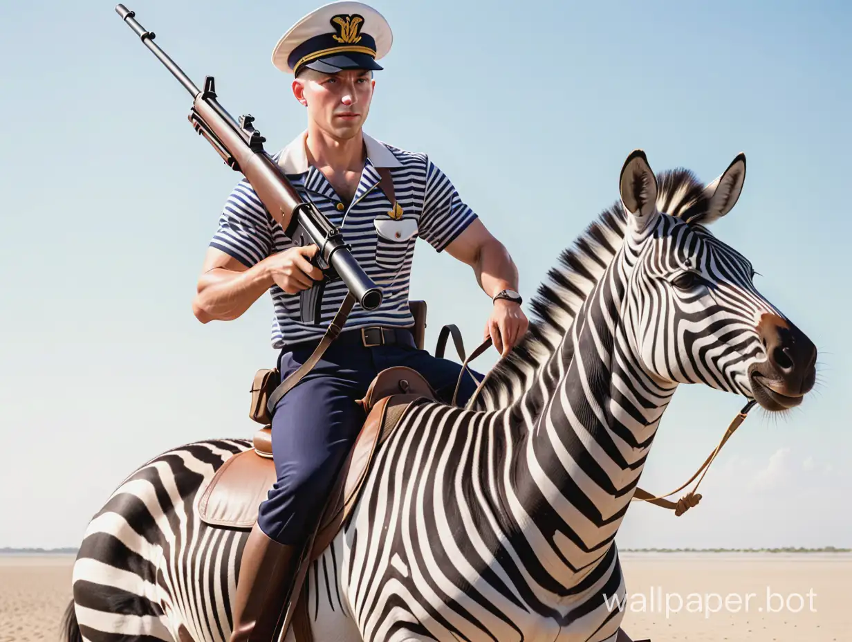 a sailor in a striped shirt and cap riding a zebra with a Lewis gun