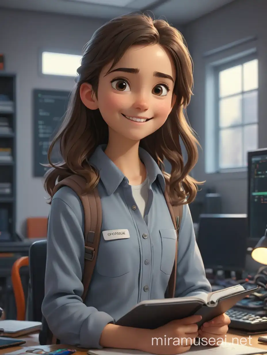 a young girl in a programmer room, little smiling and holding a notebook, 3D animation style