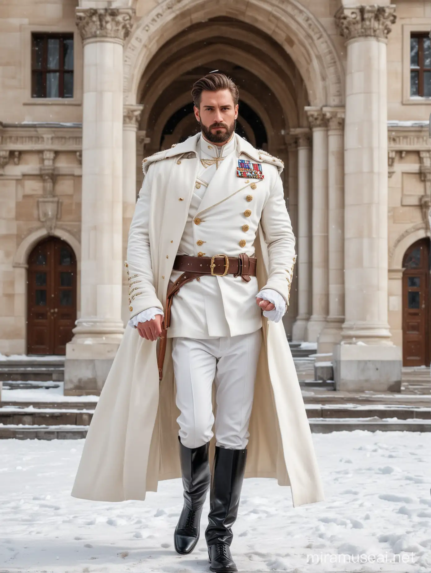 Tall and handsome muscular king with beautiful hairstyle and beard with attractive eyes and Big wide shoulder in white cavalry suit with Coat walking out on carpet outside snowy palace