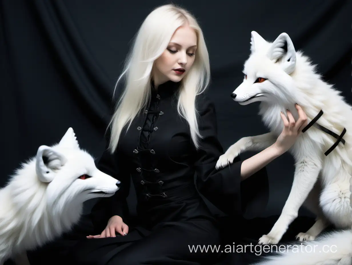 Светловолосая девушка в чёрной одежде гладит белую лису с девятью хвостами.