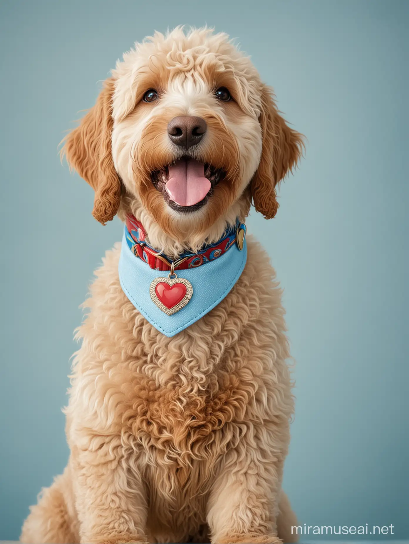 golden doodle dog happy, blue collar with heart pin  background is light blue