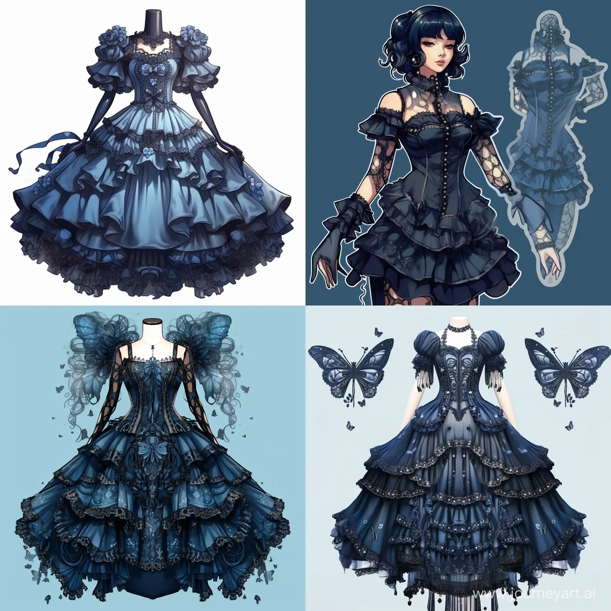 fashion reference sheet, kawaii, gothic, dress, frill, lace, blue color scheme, высокое разрешение, высокая чёткость, чёткое изображение, микро детализация, высокая детализация, ультра реализация, максимальная детализация, много деталей, глубокие детали, детальное изображение, четкие линии