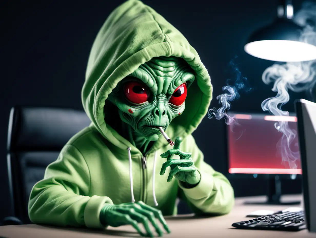 cute green alien with red eyes wearing a hoodie, smoking, at the office trading crypto