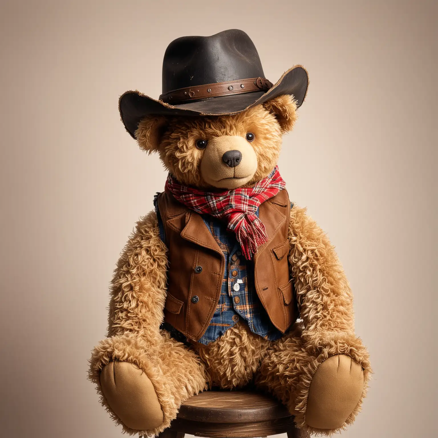 Battered old vintage Teddy Bear, sitting on a stool, dressed as a cowboy with hat, scarf, waistcoat, blank background