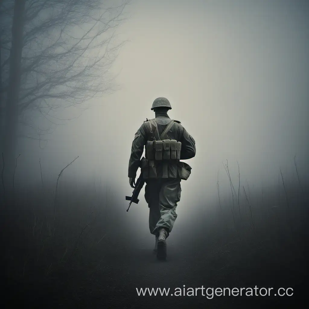 Военный, солдат, уходящий в туман, спиной